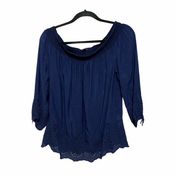 Lucky Brand Small Navy Off Shoulder 3/4 Sleeve Bow Detail Top - Picture 2 of 7